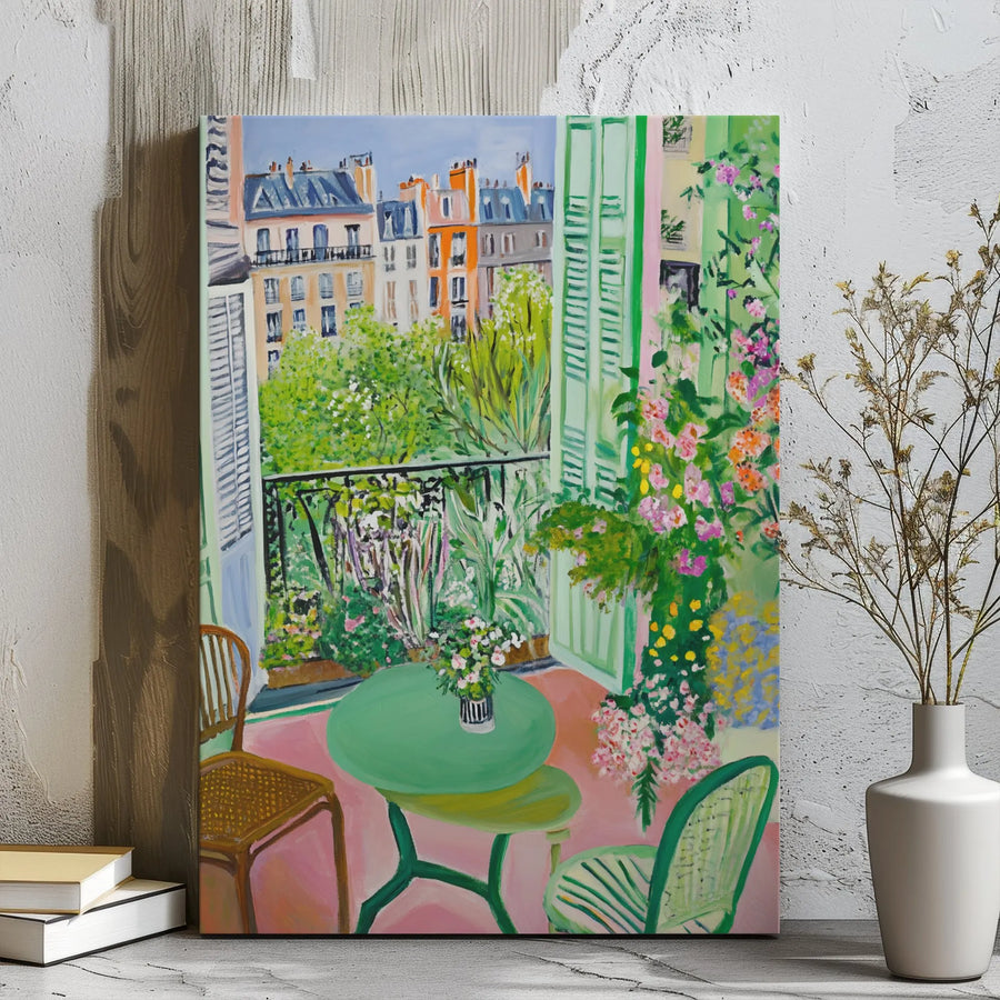 French Balcony Art Print | Matisse Inspired Impressionist Garden View | Gallery Wrap Canvas | Romantic Home Decor Gift for Art Lovers