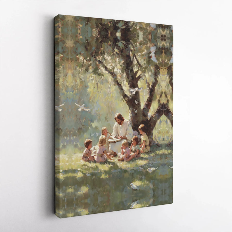 Jesus with Children Canvas Wall Art | Christ Teaching Under Tree | Premium Gallery Wrapped Canvas | Religious Christian Home Decor Gift