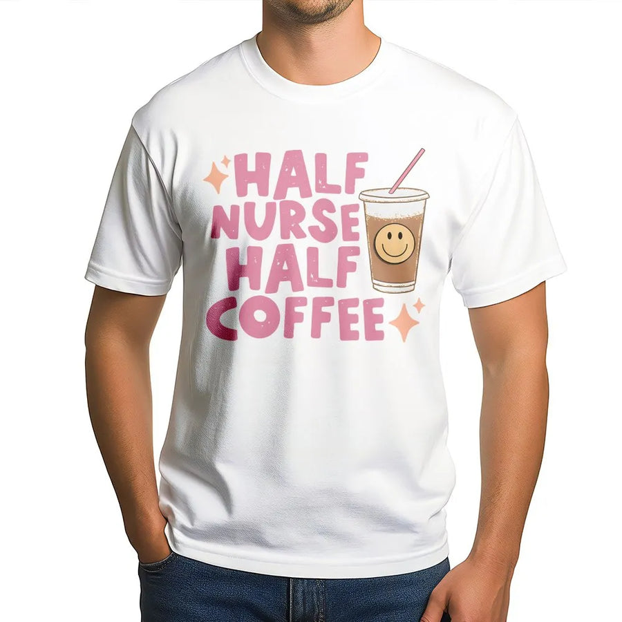 Half Nurse Half Coffee T-Shirt | Funny Nurse Life Graphic Sweatshirt | Cozy Cotton-Poly Fleece | Premium Gift for RN ER Nursing Student