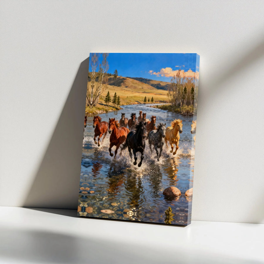Wild Horses Canvas Wall Art | Running Herd in River Landscape | Premium Gallery Wrapped Canvas | Western Home & Office Decor Gift