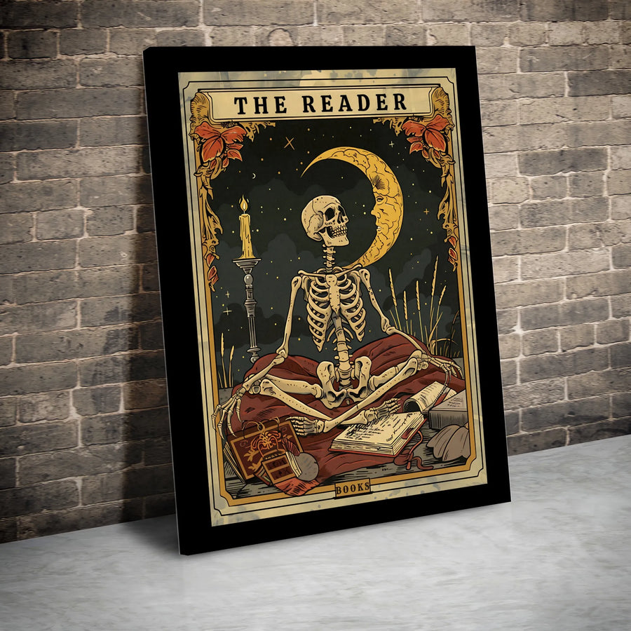 The Reader Tarot Card Wall Art | Skeleton Reading Books Gothic Print | Premium Fade-Resistant Canvas | Occult Home Decor Gift for Book Lovers