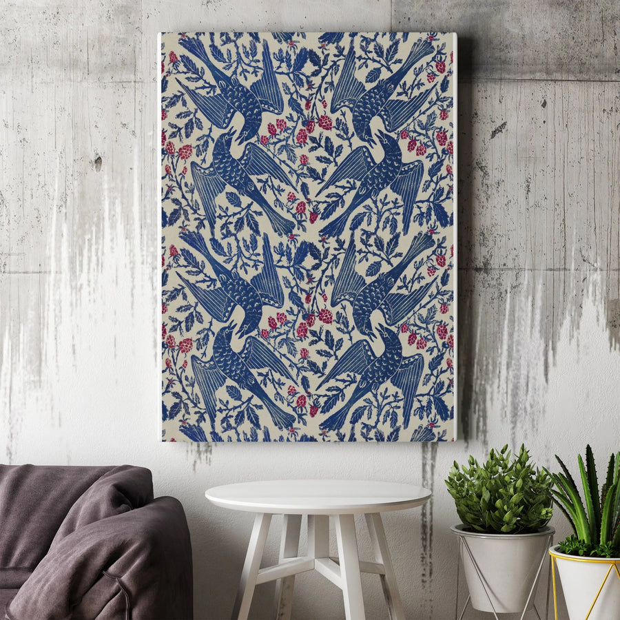Robins and Raspberries Vertical Canvas | Vintage Botanical Bird Pattern | Premium Gallery Wrapped Wall Art | Farmhouse Kitchen Decor Gift