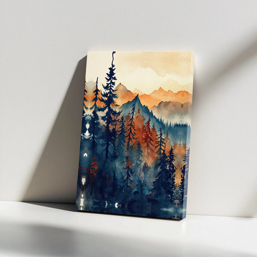 Watercolor Mountain Forest Canvas | Teal and Orange Pine Trees Wall Art | Premium 1.25 Inch Gallery Wrap | Modern Nature Landscape Gift