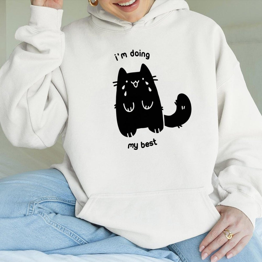 I'm Doing My Best Cat Hoodie | Cute Crying Kitty Graphic | Premium Cotton Blend Sweatshirt | Funny Kawaii Gift for Cat Lovers