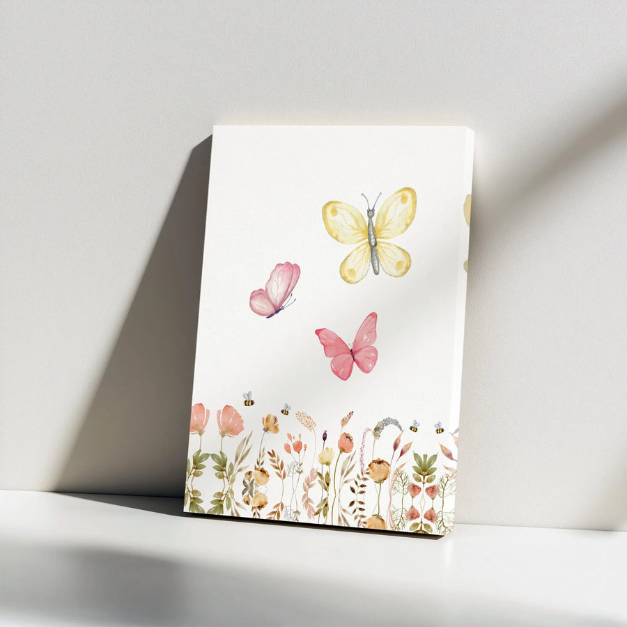 Watercolor Butterfly Canvas Wall Art | Minimalist Wildflower & Bee Illustration | Premium Gallery Wrapped Canvas | Nursery & Girls Room Decor