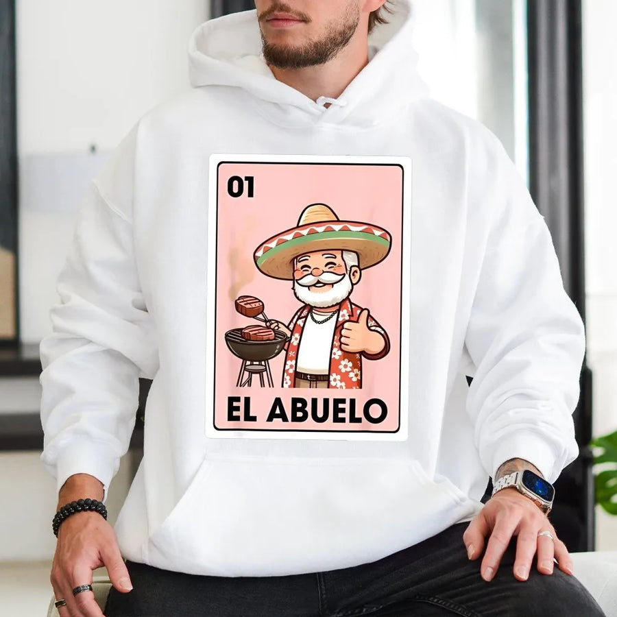 El Abuelo Hoodie | Mexican Bingo Card Grilling Grandpa Design | Soft Cotton Blend Unisex Pullover | Funny Dad Or Grandpa Gift For BBQ Lovers