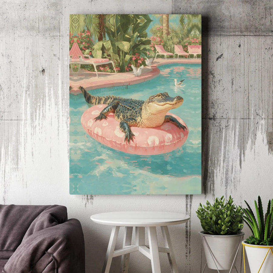Alligator in Pool Canvas Wall Art | Surreal Retro Poolside Painting | Premium Gallery Wrap Canvas | Quirky Home Decor Gift