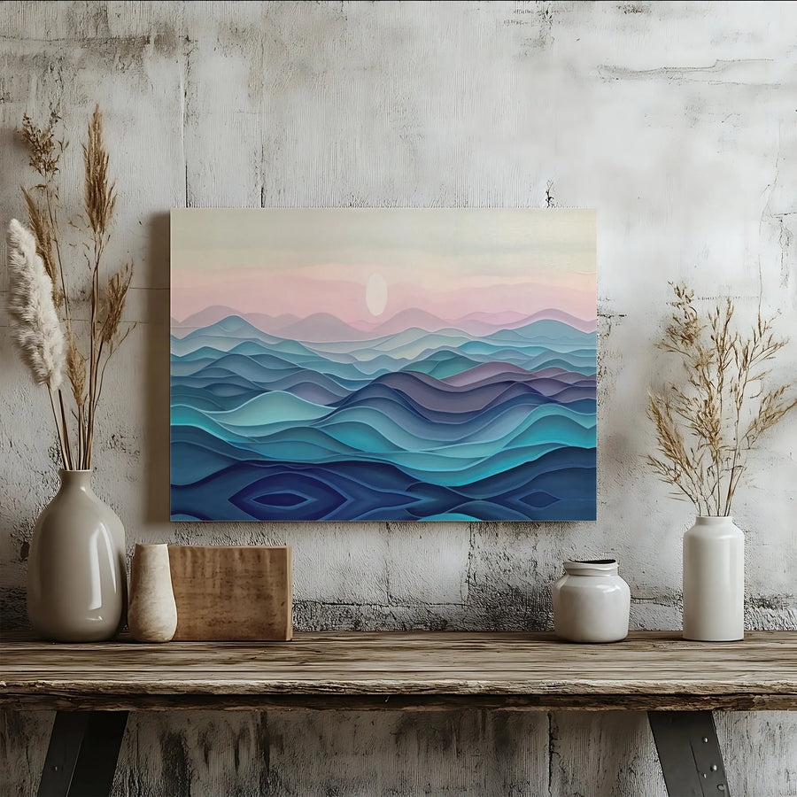 Abstract Ocean Waves Canvas Art | Layered Pastel Sunset Landscape | Premium Gallery Wrap Wall Decor | Modern Home & Office Decor Gift