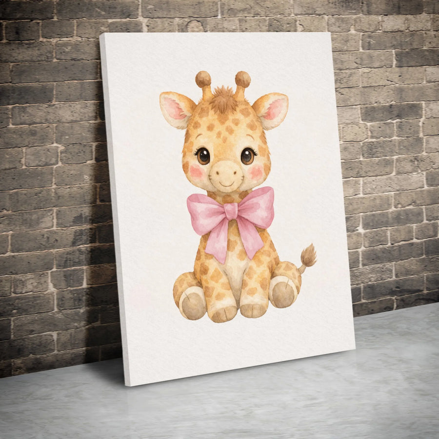 Baby Giraffe Canvas Print | Cute Watercolor Animal with Pink Bow | Premium Gallery Wrapped Art | Safari Nursery Decor Gift for Girl