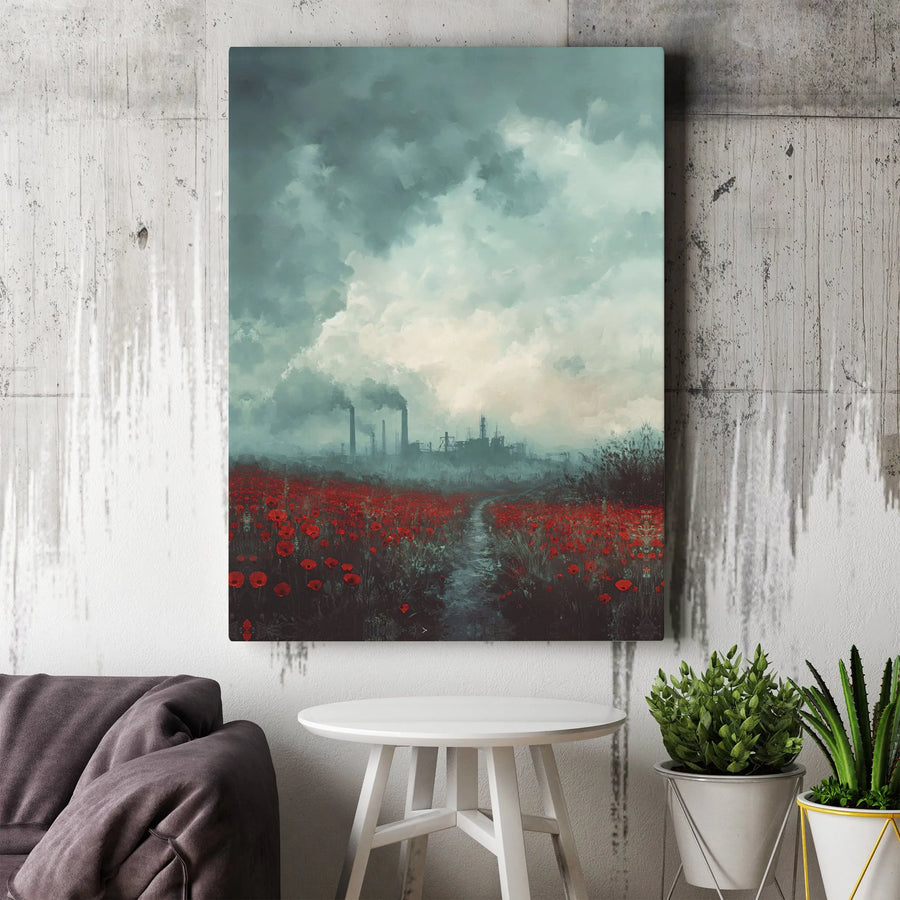 Dystopian Industrial Canvas Print | Red Poppy Field Landscape Art | 1.25-Inch Gallery Wrap | Atmospheric Modern Wall Decor for Living Room