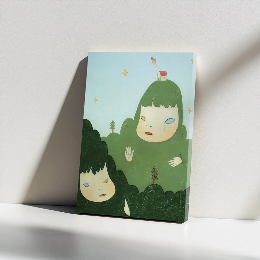 Surreal Landscape Canvas Wall Art | Whimsical Crying Child & Forest House Illustration | Premium Gallery Wrap Print | Modern Home & Office Decor Gift