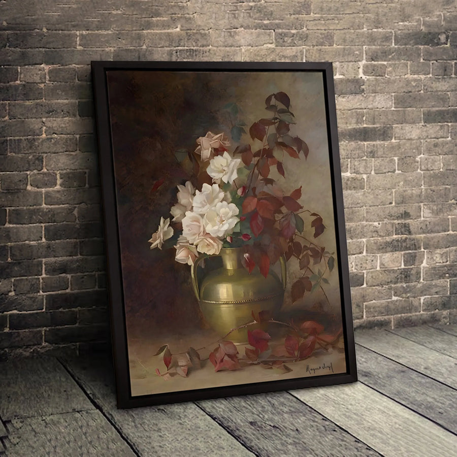 Vintage Floral Still Life Canvas Art | White Roses In Brass Vase Print | Premium Gallery-Wrapped Wall Decor | Classical Oil Painting Style