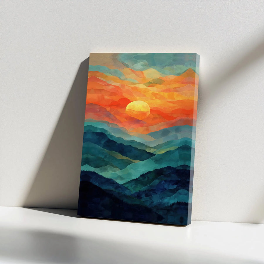 Abstract Mountain Canvas Wall Art | Geometric Sunset Landscape | Premium Gallery Wrapped Canvas | Modern Home Decor Gift