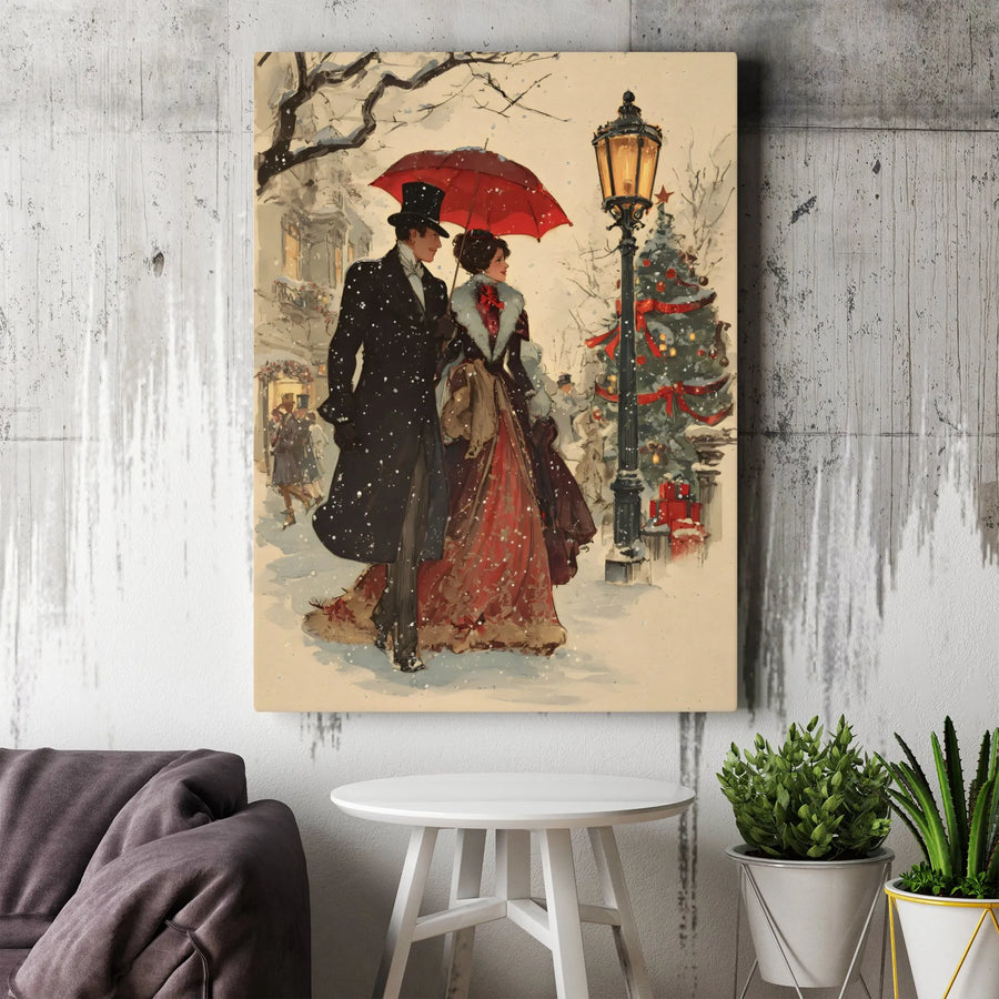 Victorian Christmas Wall Art | Snowy Couple With Red Umbrella | Gallery Wrap Canvas Print | Nostalgic Holiday Home Decor