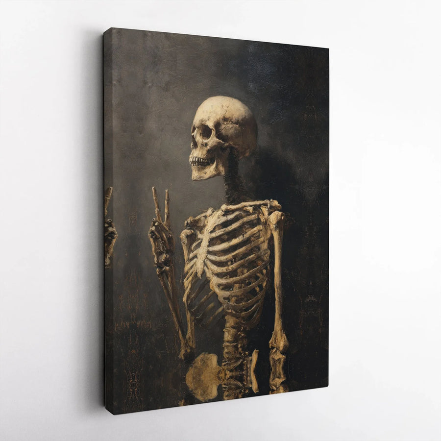 Skeleton Peace Sign Canvas Wall Art | Dark Academia Gothic Portrait | Premium Gallery Wrapped Print | Unique Home Decor Gift for Skull Lovers