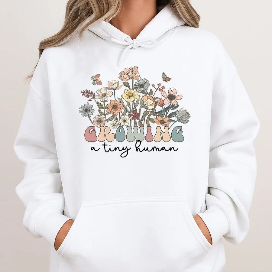 Growing A Tiny Human Hoodie | Retro Wildflower Pregnancy Announcement | Cozy Cotton Blend | Premium Mom To Be Gift
