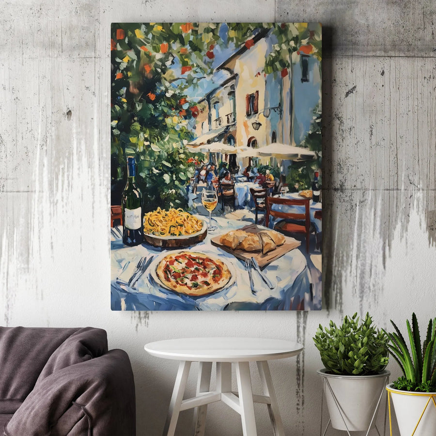 Italian Restaurant Canvas Wall Art | Impressionist Pizza & Wine Dining Scene | Premium Thick Gallery Wrap Canvas | Kitchen Decor Foodie Gift
