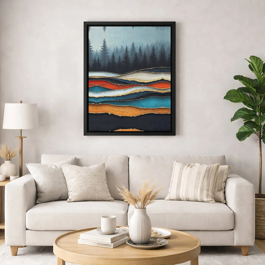 Abstract Forest Canvas Wall Art | Misty Pine Landscape with Gold Leaf Layers | Premium Textured Gallery Wrap | Modern Home Office Decor Gift