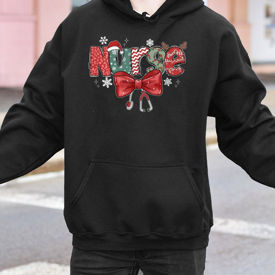 Christmas Nurse Hoodie | Festive Stethoscope & Bow Graphic | Premium Cotton Blend | Holiday Nursing Student Gift for Women & Men