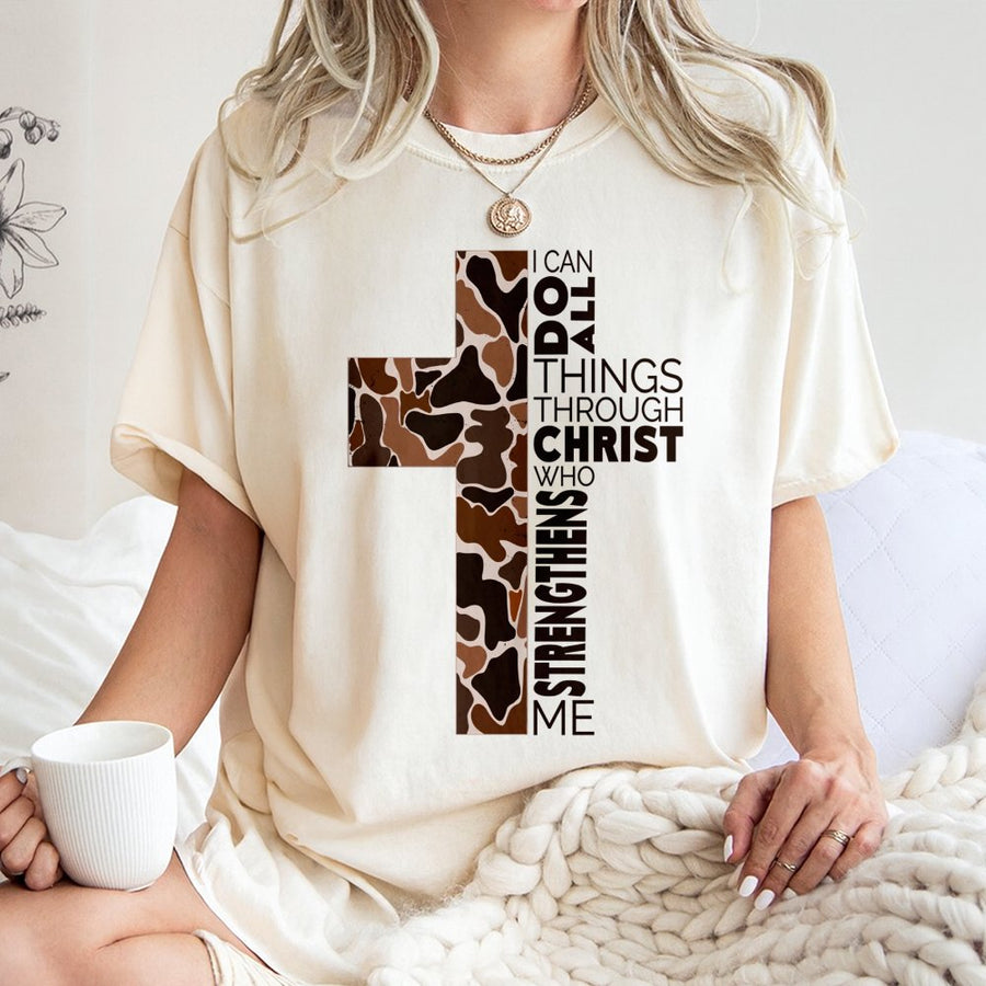 I Can Do All Things Through Christ T-Shirt | Camo Cross Bible Verse Graphic Tee | Premium 100% Cotton | Inspirational Religious Christian Gift
