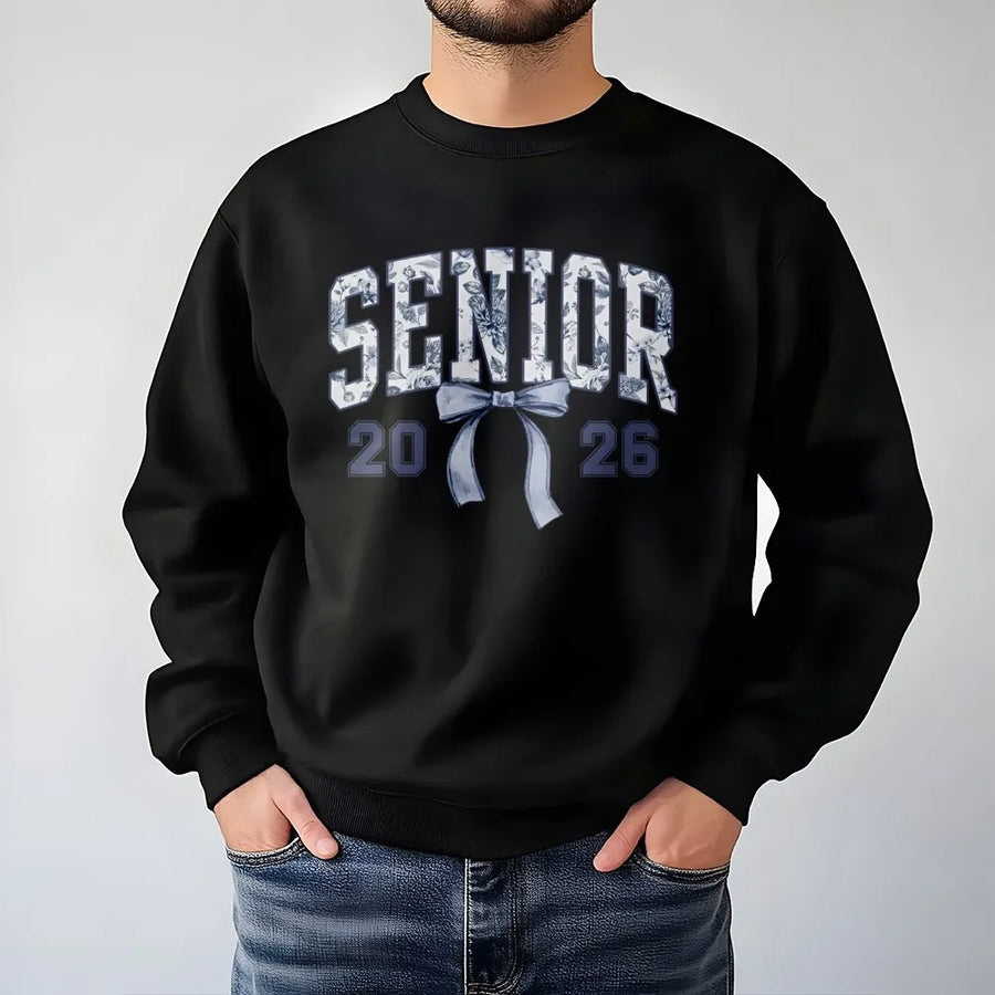 Senior 2026 Sweatshirt | Floral Bow Varsity Graphic | Soft Cotton Blend Crewneck | Graduation Gift for High School and College Students