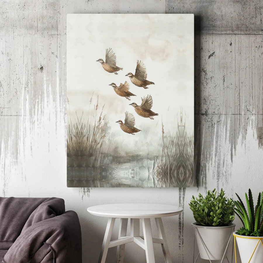 Flying Duck Flock Canvas Print | Watercolor Marsh Wildlife Wall Art | Gallery Wrapped Premium Decor | Nature Lover Living Room Gift