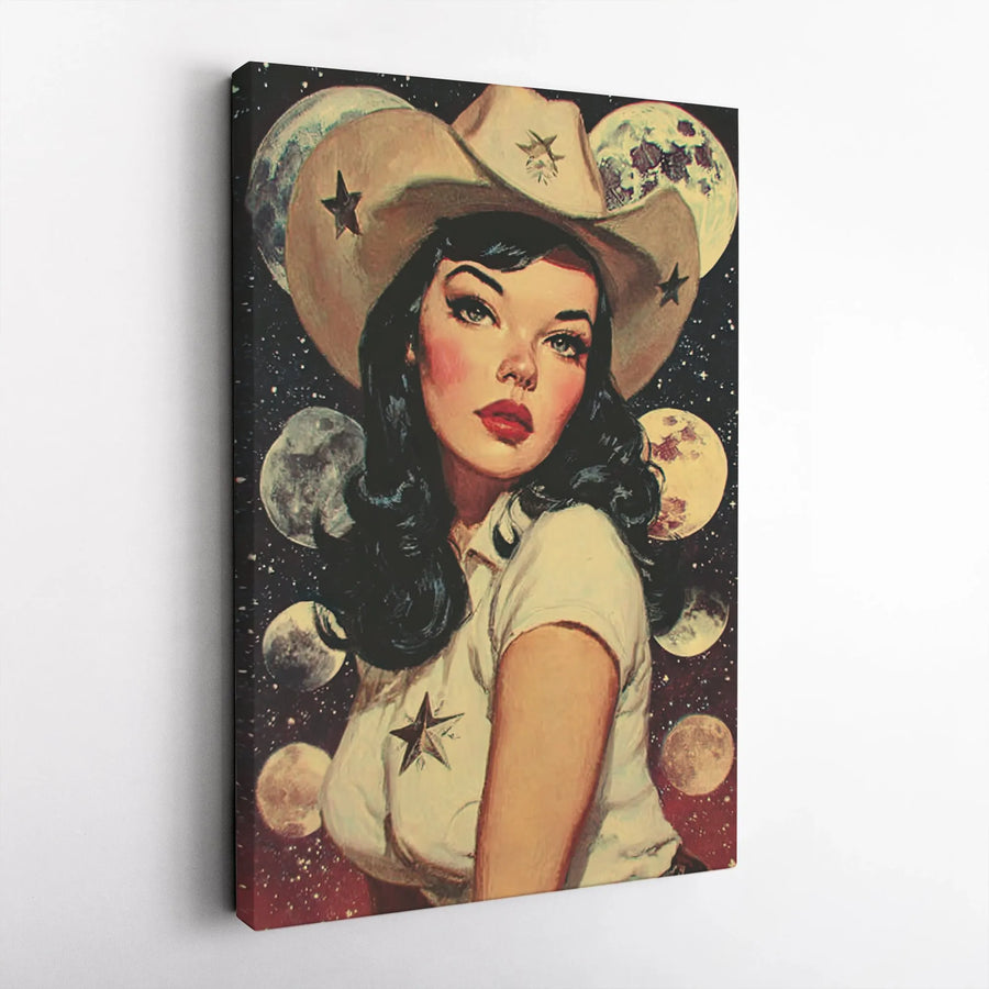 Space Cowgirl Canvas Print | Retro Sci-Fi Pinup Illustration | Premium Gallery Wrapped Canvas | Eclectic Home Decor Gift