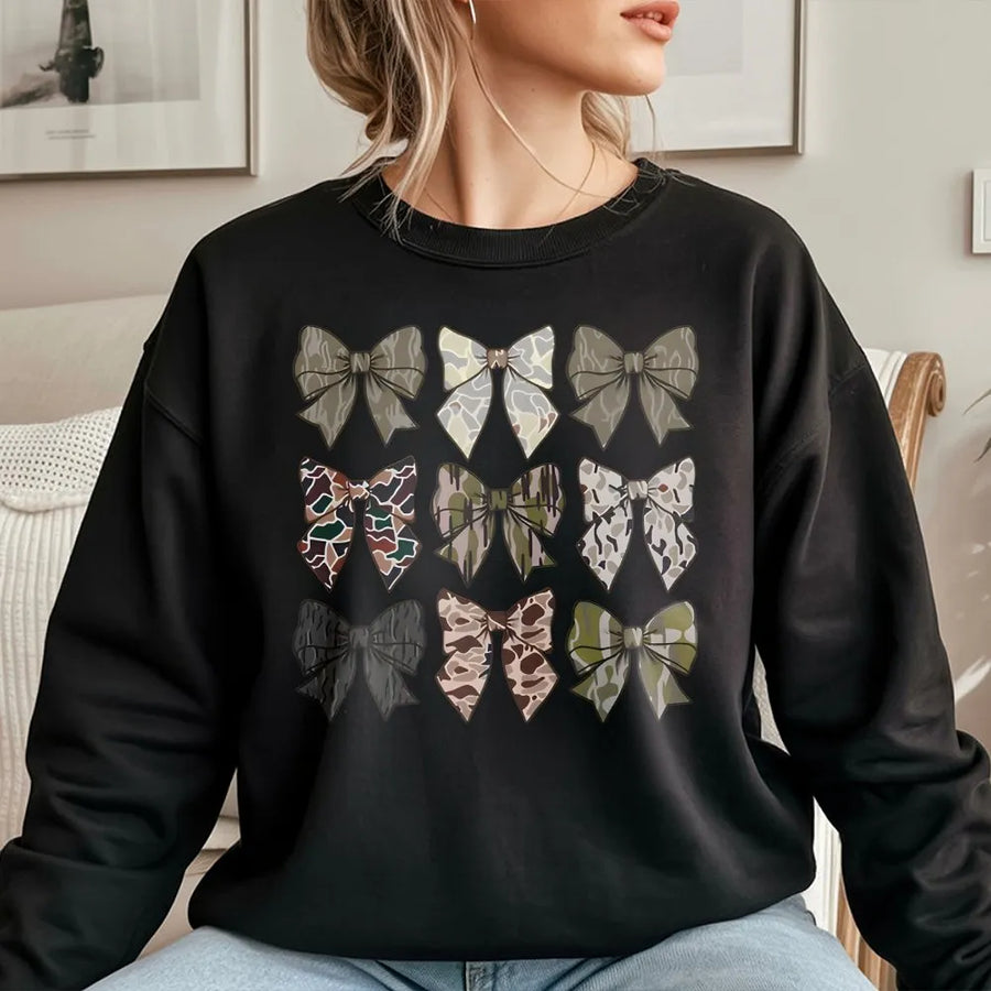 Camo Bow Sweatshirt | Trendy Aesthetic Ribbon Print | Premium Cotton Blend Crewneck | Cute Country Girl Gift for Women and Teens