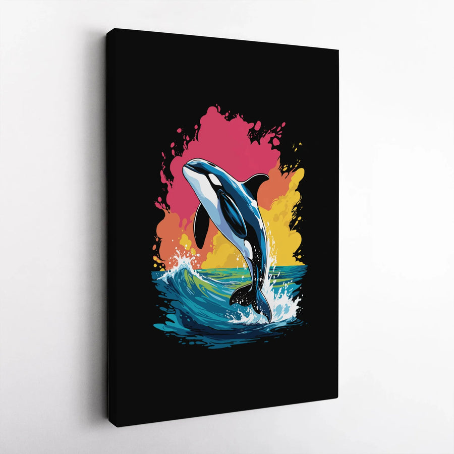 Jumping Orca Canvas Art | Colorful Pop Art Killer Whale Ocean Wave | 1.25 Inch Premium Gallery Wrap | Modern Nautical Wall Decor Gift