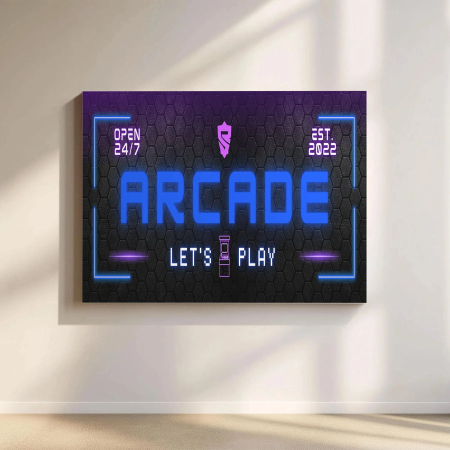 Arcade Wall Art | Neon Style Let's Play Sign | Premium Gallery Wrap Canvas | Gamer Room Decor for Men and Teens