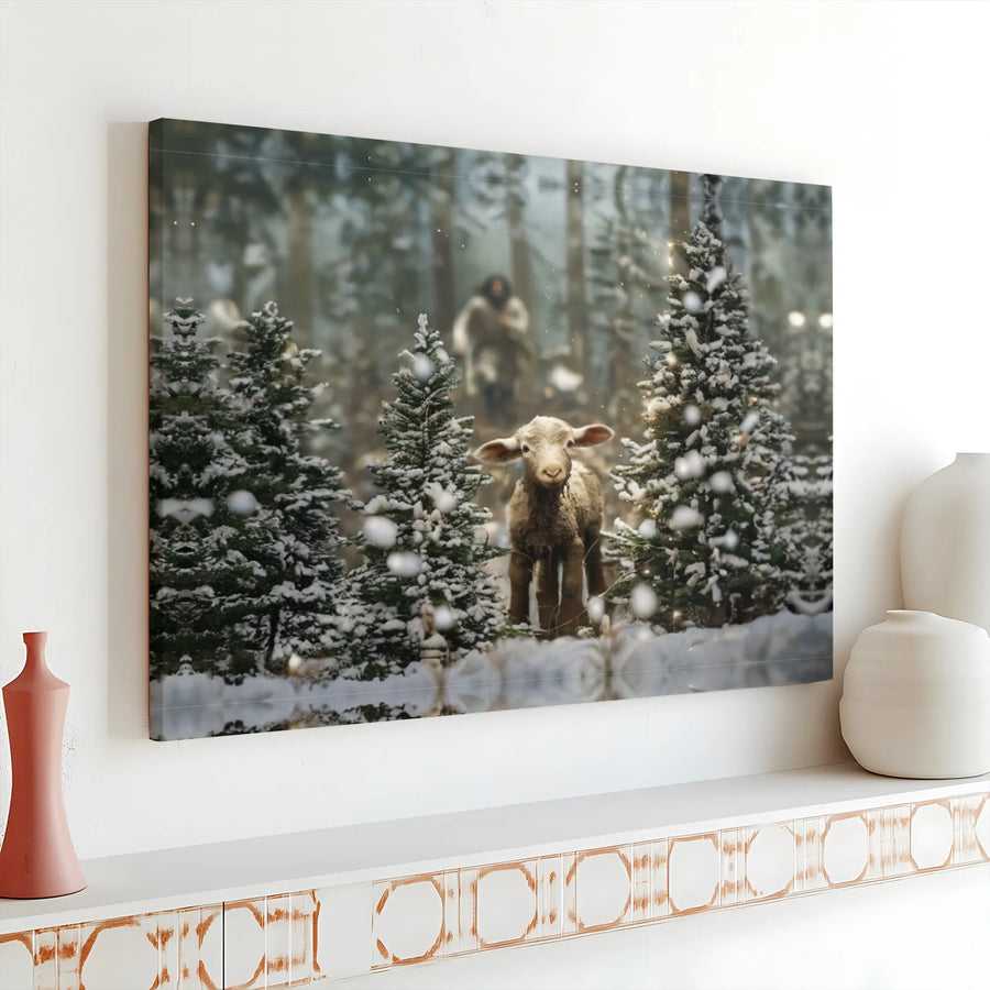 Jesus The Good Shepherd Canvas Art | Snowy Christmas Forest Landscape | Premium Gallery Wrap | Religious Holiday Home Decor Gift