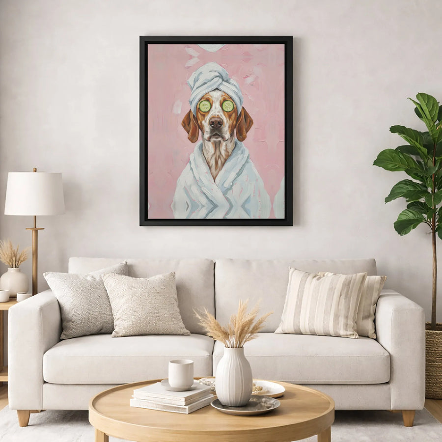 Pointer Dog Spa Wall Art | Funny Dog in Bathrobe with Cucumber Slices | Gallery-Quality Canvas Print | Whimsical Bathroom Decor for Dog Lovers