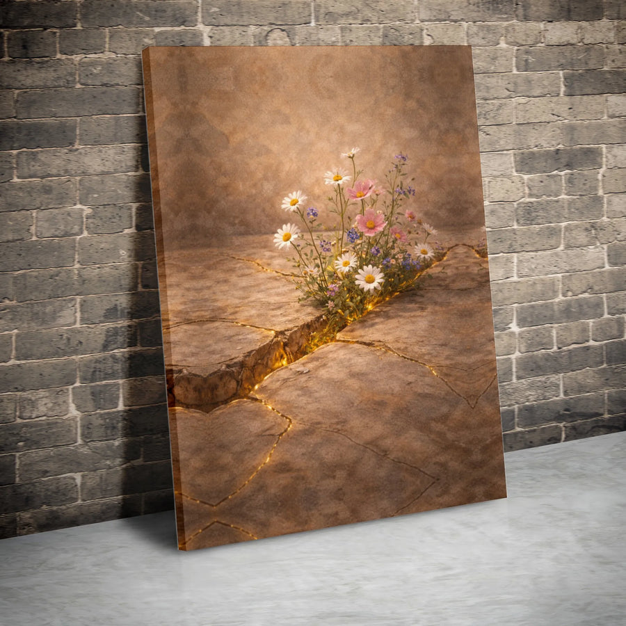 Inspirational Wildflower Canvas Wall Art | Kintsugi Inspired Golden Crack Design | Premium Gallery Wrapped Canvas | Motivational Gift for Growth & Resilience
