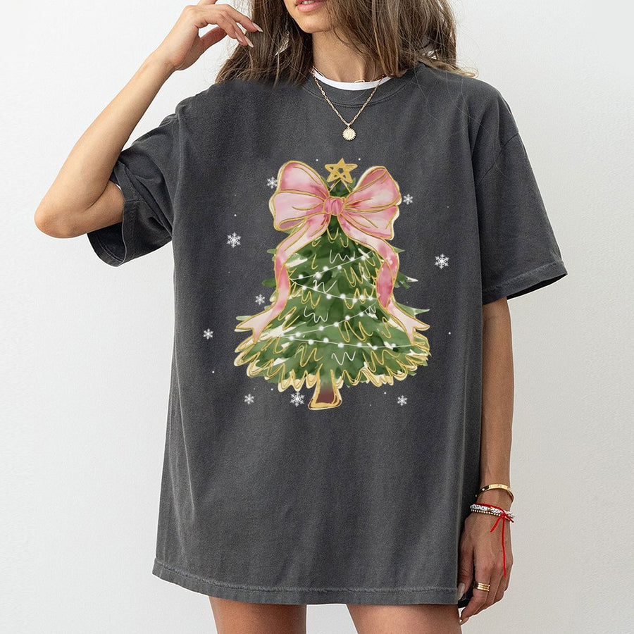 Watercolor Christmas Tree T-Shirt | Pink Bow Aesthetic Holiday Design | Premium Cotton Tee | Cute Coquette Style Christmas Gift for Women