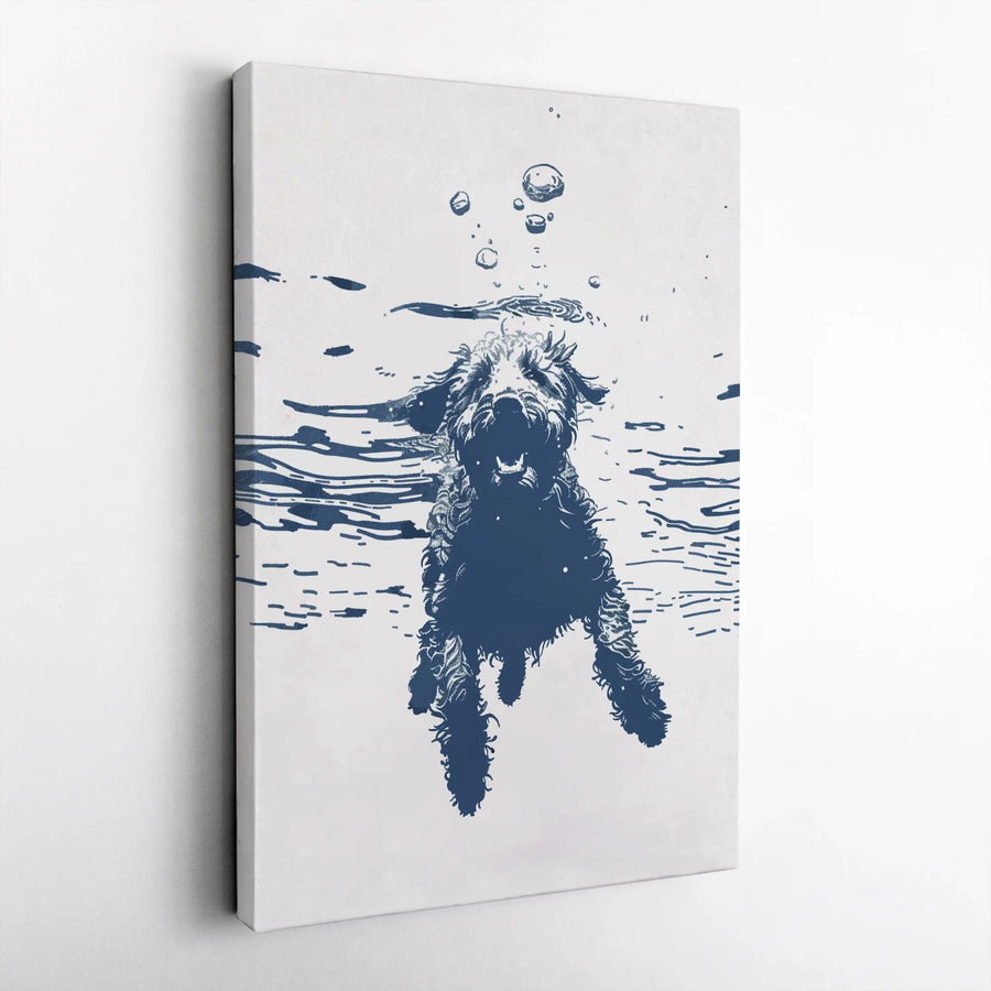 Swimming Dog Canvas Wall Art | Minimalist Underwater Sketch Print | Premium 1.25" Thick Gallery Wrap | Unique Gift for Dog Lover & Pet Owner
