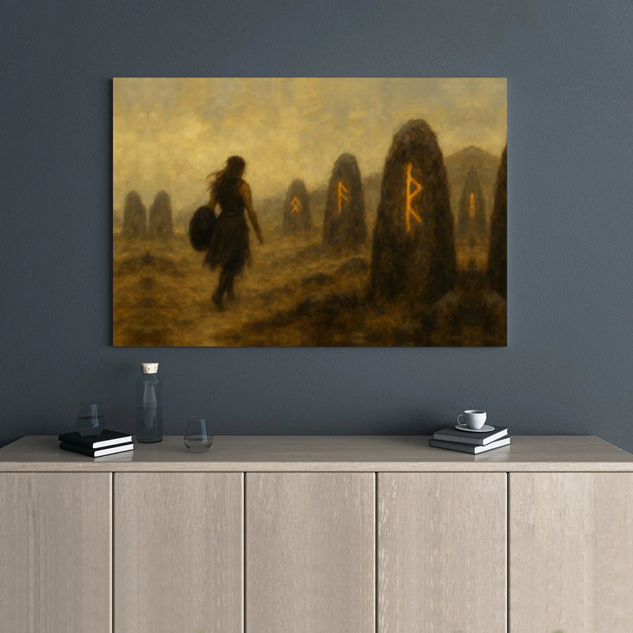 Viking Canvas Wall Art | Shield Maiden Among Glowing Norse Runes | Gallery Wrapped Premium Decor | Historical Fantasy Gift for Myth Lovers