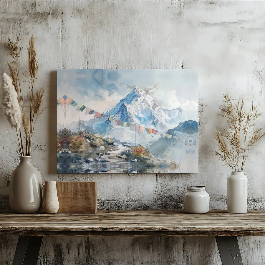Himalayan Mountain Landscape Canvas | Watercolor Tibetan Prayer Flags Art | Premium Gallery Wrap Print | Zen Home Decor Gift for Travelers