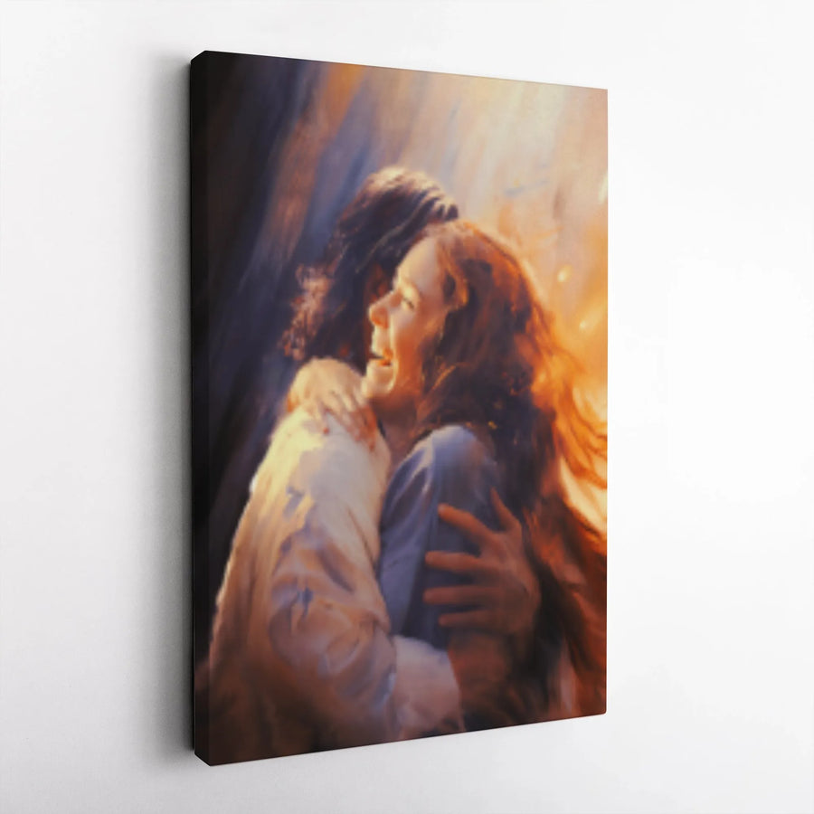 Jesus Embracing Woman Canvas Print | First Day In Heaven Wall Art | Premium Gallery Wrap Religious Decor | Spiritual Comfort Gift For Believers