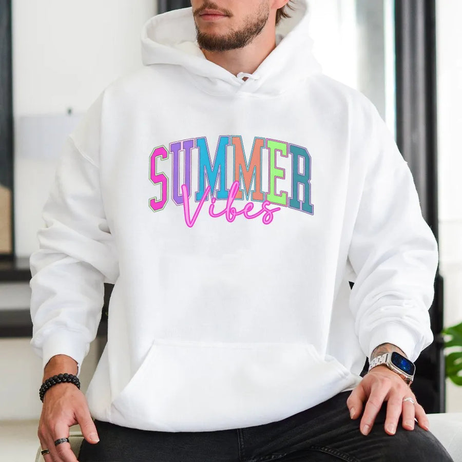 Summer Vibes Hoodie | Colorful Retro Graphic Pullover | Soft Cotton Blend | Trendy Beach Vacation Gift for Her