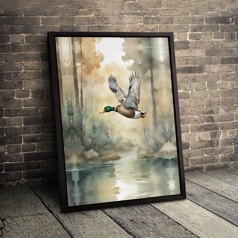 Mallard Duck Canvas Wall Art | Watercolor Misty River Forest Print | Gallery-Quality 1.25” Deep | Nature Lover Home Decor Gift
