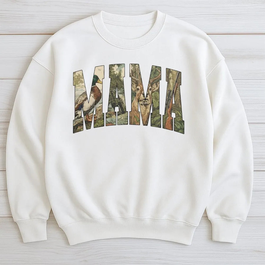 Hunting Mama Sweatshirt | Retro Camo Varsity Graphic | Soft Cotton Blend | Mother's Day Gift For Hunter Mom