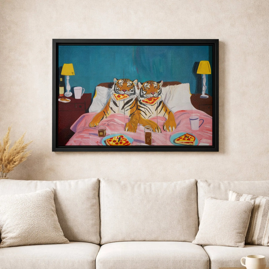 Tigers Eating Pizza Canvas Art | Whimsical Animal Wall Decor | Premium 1.25-Inch Framed Canvas | Unique Modern Home Gift for Animal Lovers