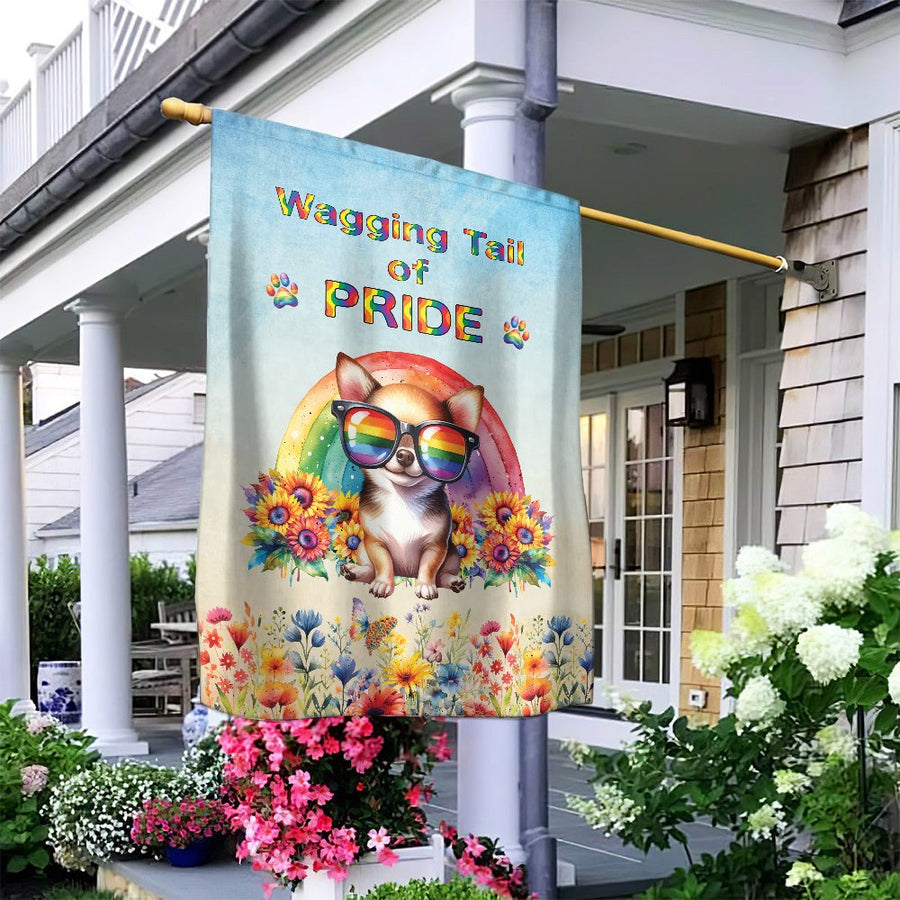 Chihuahua Pride Garden Flag | Wagging Tail Rainbow Dog Design | UV-Resistant Premium Polyester | LGBTQ+ Decor Gift for Dog Lovers