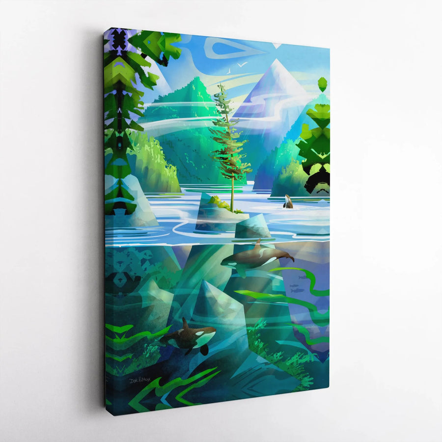 Orca Whale Canvas Wall Art | Mountain River Nature Landscape | Premium Fade-Resistant Gallery Wrap | Modern Coastal Home Decor