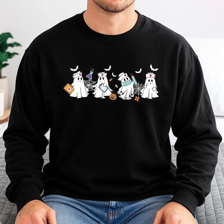 Ghost Nurse Halloween Sweatshirt | Spooky Cute Medical Graphic Design | Premium Cotton-Poly Blend | Gift for Nurses and Nursing Students