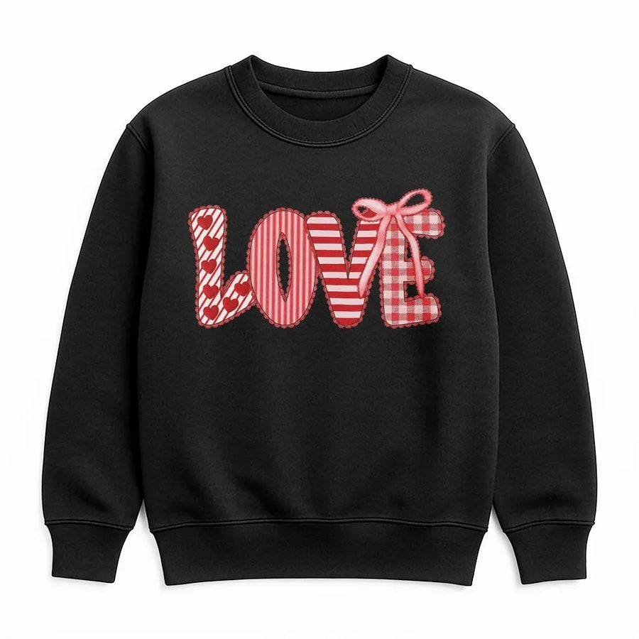 Love Valentine Sweatshirt | Patchwork Heart Gingham Bow Graphic | Premium Soft Cotton Blend | Romantic Gift for Her & Couples