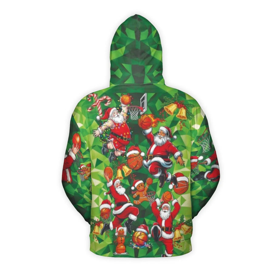 Santa Claus Basketball Hoodie | All-Over Print Graphic Pullover | Premium Brushed Fleece Polyester | Christmas Gift for Basketball Fans