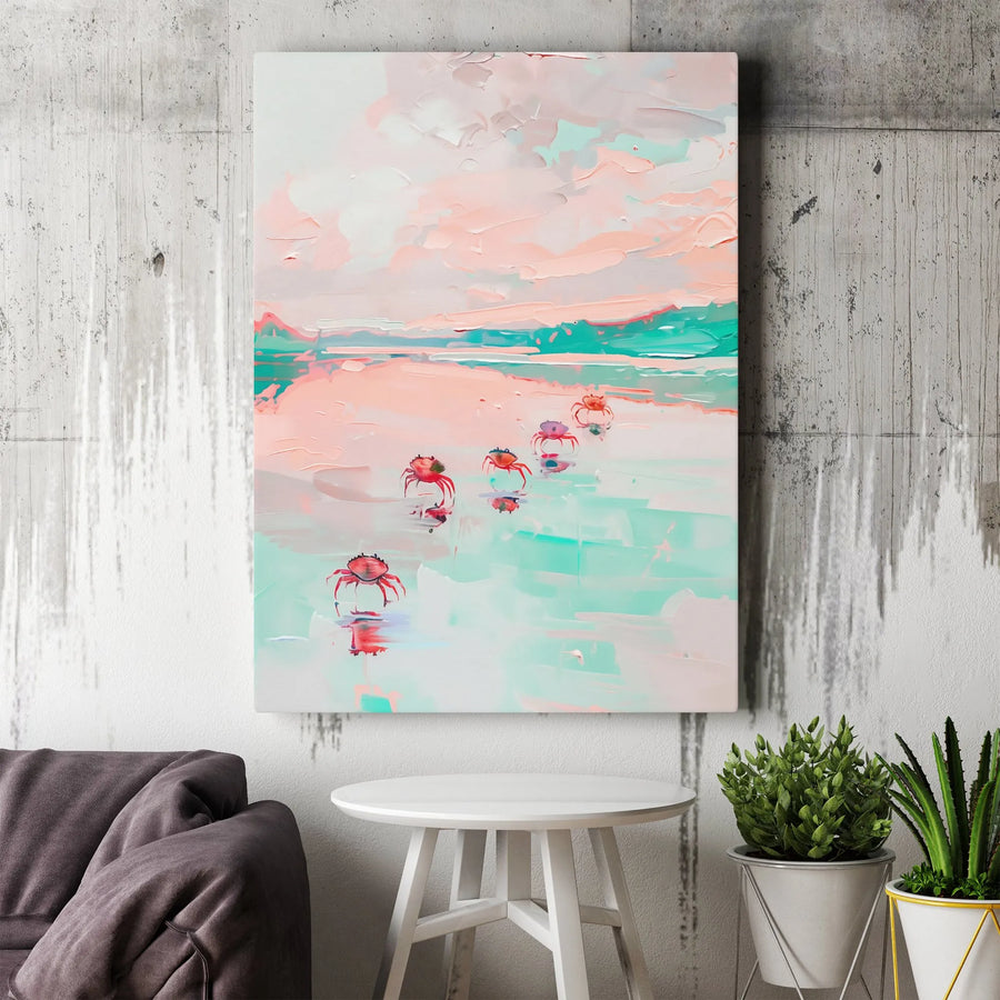 Abstract Crab Wall Art Canvas Print | Pastel Beach Painting with Textured Effect | Premium Gallery Wrapped Canvas | Modern Coastal Home Decor Gift