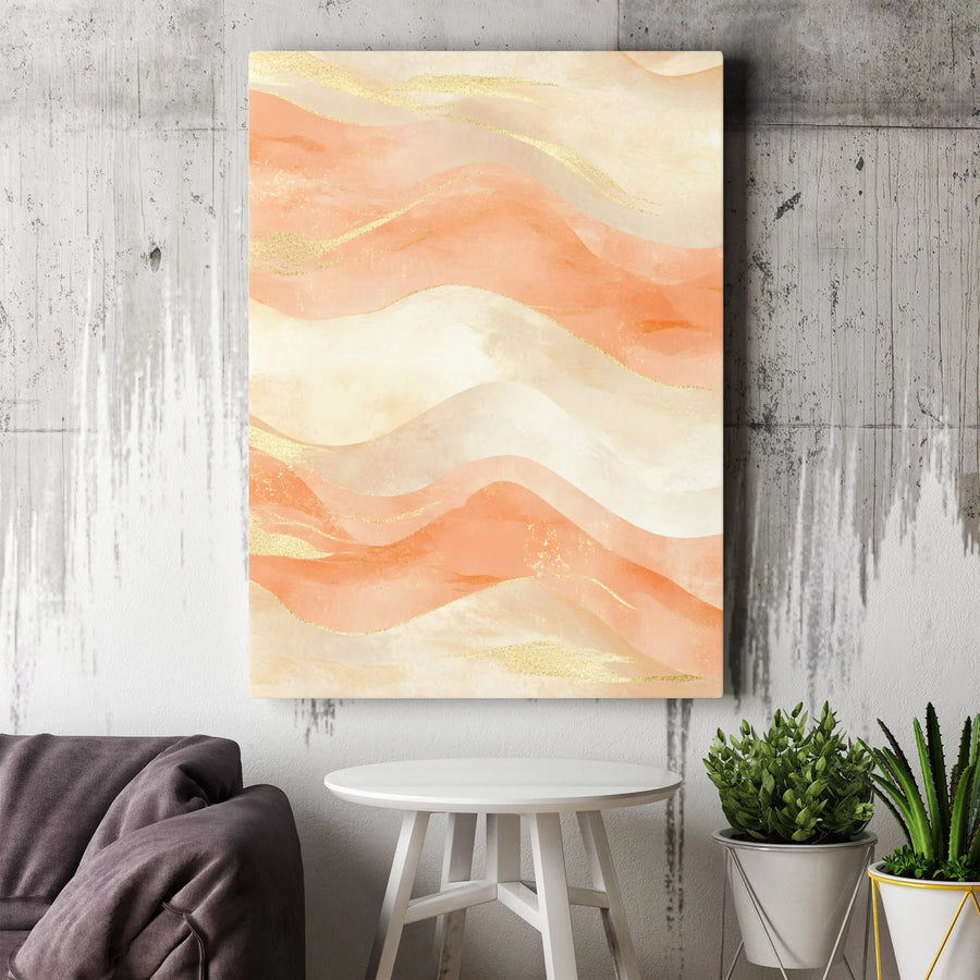 Abstract Peach Wave Canvas Art | Soft Watercolor Gold Foil Accent | Premium Gallery Wrapped Decor | Modern Minimalist Home Office Wall Print