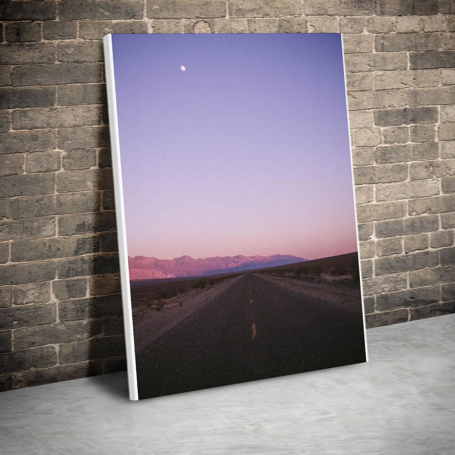 Desert Road Vertical Canvas | Minimalist Twilight Sky with Moon Print | Premium Gallery Wrap Wall Art | Modern Home Decor Gift for Traveler